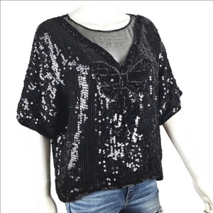 Vintage 80s Exclusive by Jainsons International Black Sequined Bow Detail Top